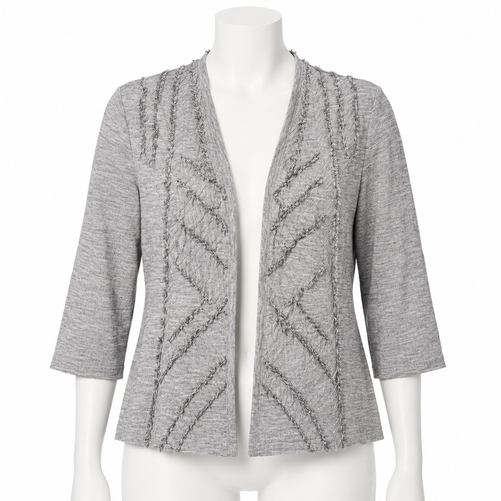 Chicos Open Front Blazer Women 1 M Gray Linen Cotton Frayed Trim 3/4 Sleeve Top‎